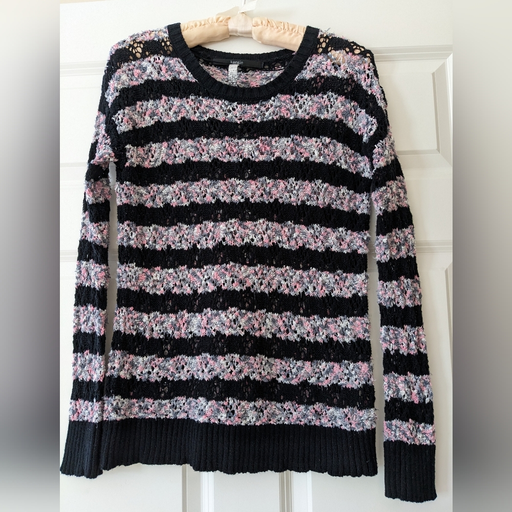 Kensie melange sweater Open Knit popcorn sheer black stripes pink gray S